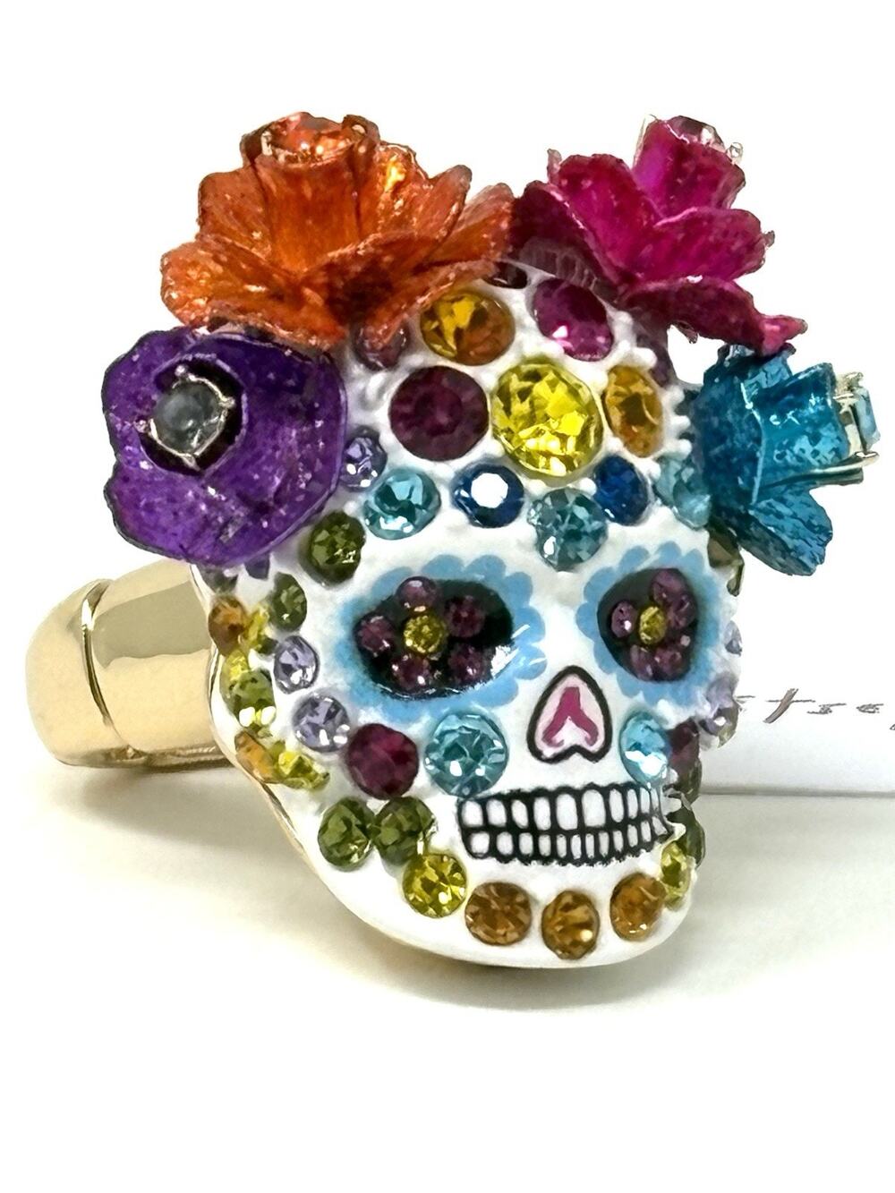 Betsey Johnson Sugar Skull Stretch Ring Day Of The Dead Goth Crystals NO BOX